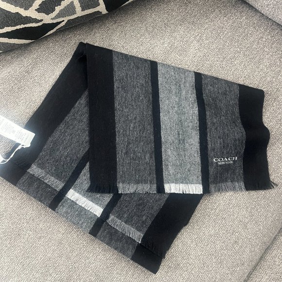 NWT COACH CASHMERE Black/Charcoal Stripe Varsity Sport Muffler F76059 - Picture 1 of 6
